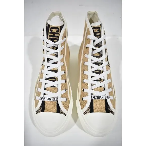 Dior Walk'n'dior Union Embroidered Beige Jute Lace Up Flat High Top Sneaker 39.5 - Picture 8 of 12